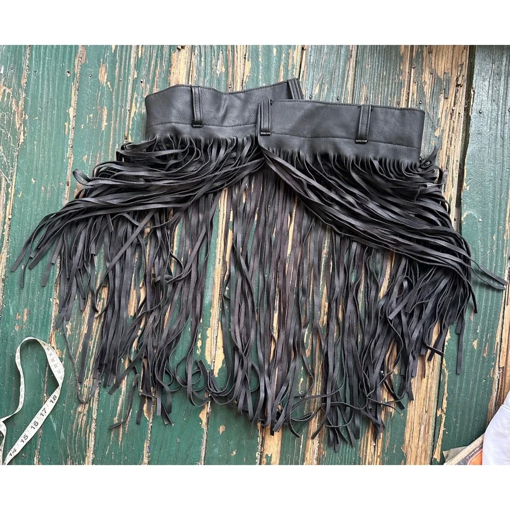 Black Faux Leather Long Fringe Tassel Statement Belt PB-6410 Western Boho